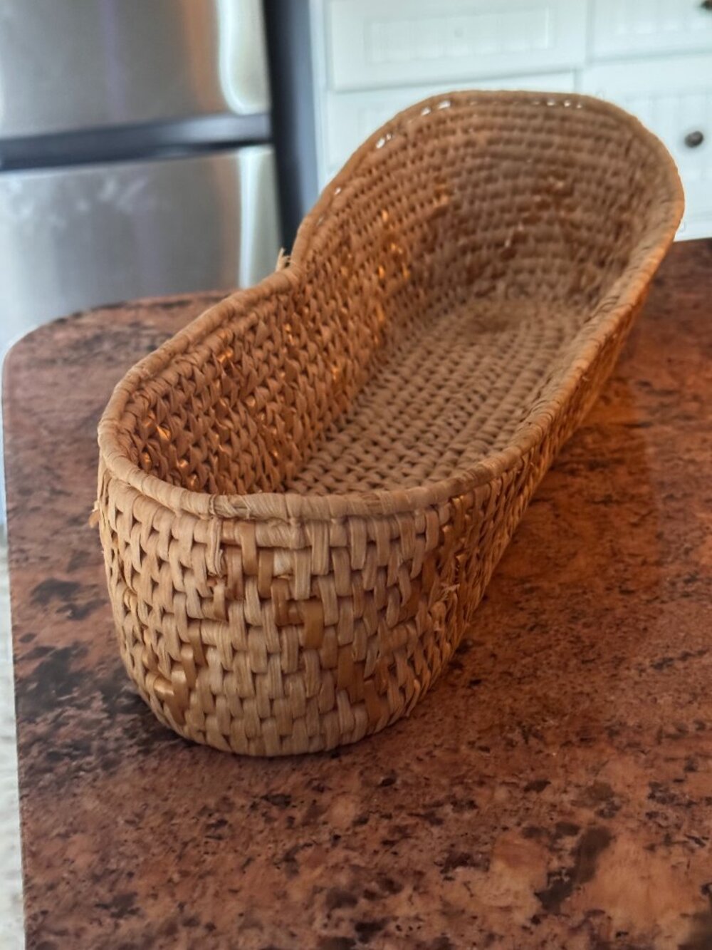 Vintage Woven Natural Rattan Long Bread Basket / Catchall Tray
